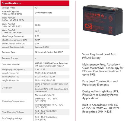 Batteria CSB UPS122406 12V 240W senza manutenzione VRLA Acido di piombo 240W Batteria per UPS Data Center